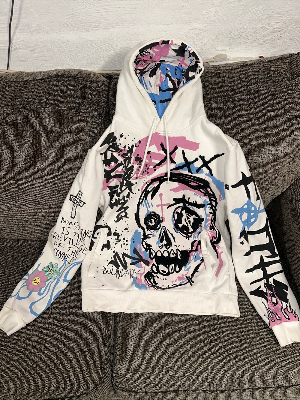 Smoke Rise White Graffiti Skull Pullover Hoodie with Pink & Blue Accents
